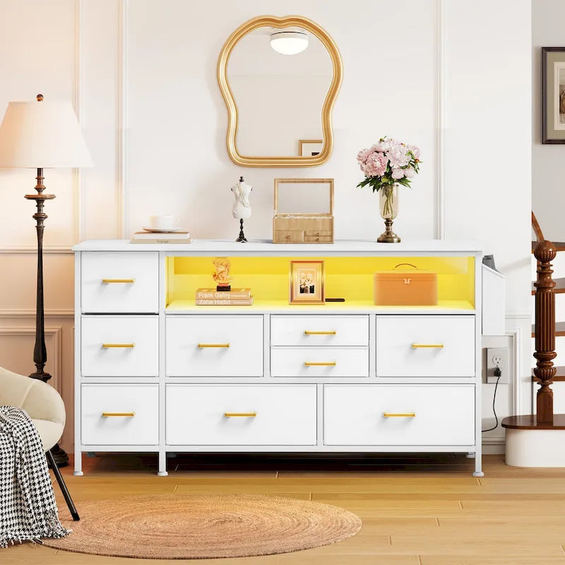 Moasis 50W 9-drawer Fabric Dresser, Media Console, TV Stand with Outlets, RGB Lights