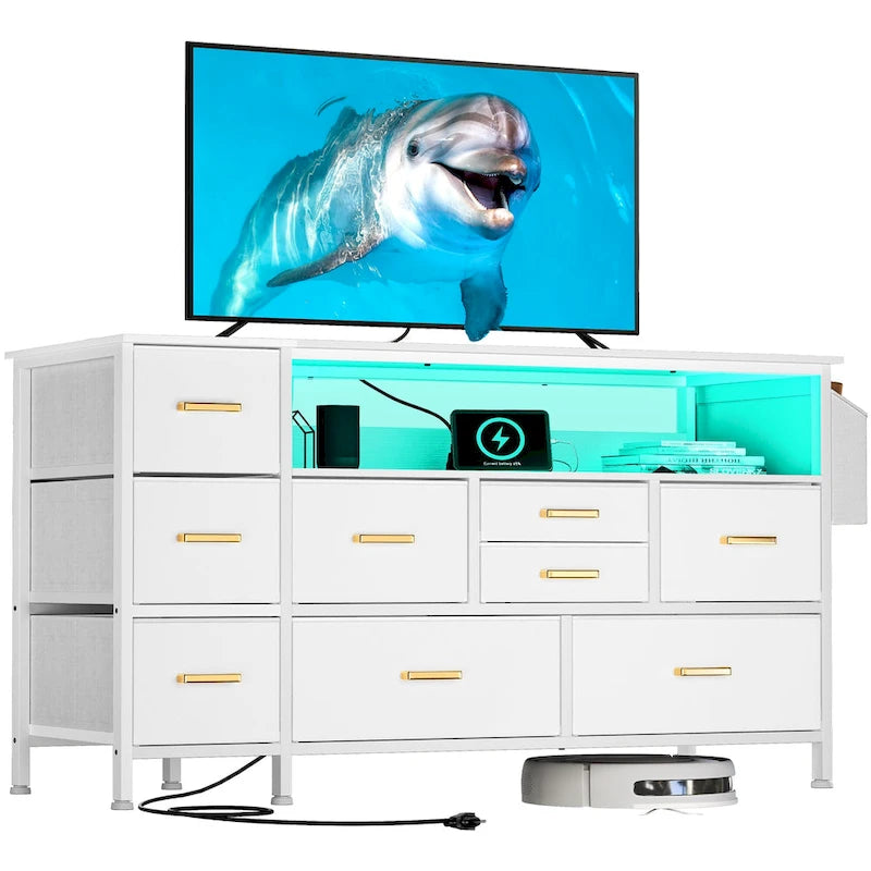 Moasis 50W 9-drawer Fabric Dresser, Media Console, TV Stand with Outlets, RGB Lights