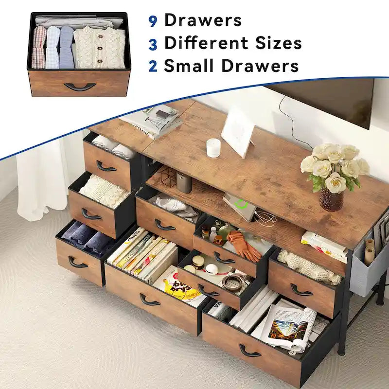 Moasis 50W 9-drawer Fabric Dresser, Media Console, TV Stand with Outlets, RGB Lights