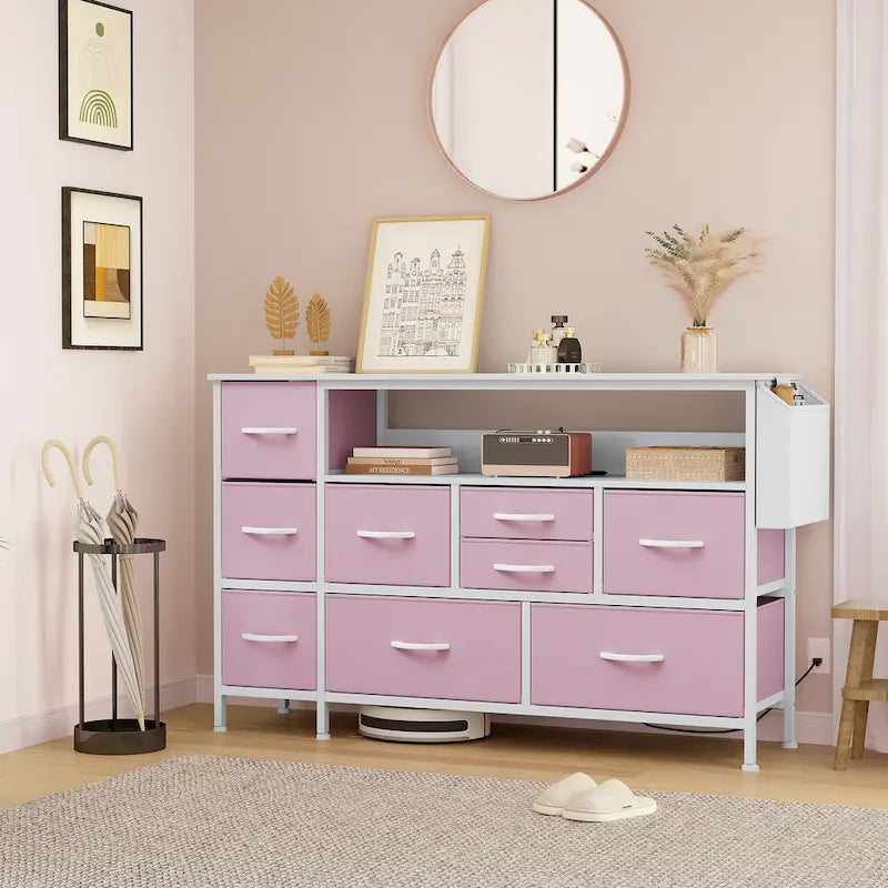 Moasis 50W 9-drawer Fabric Dresser, Media Console, TV Stand with Outlets, RGB Lights