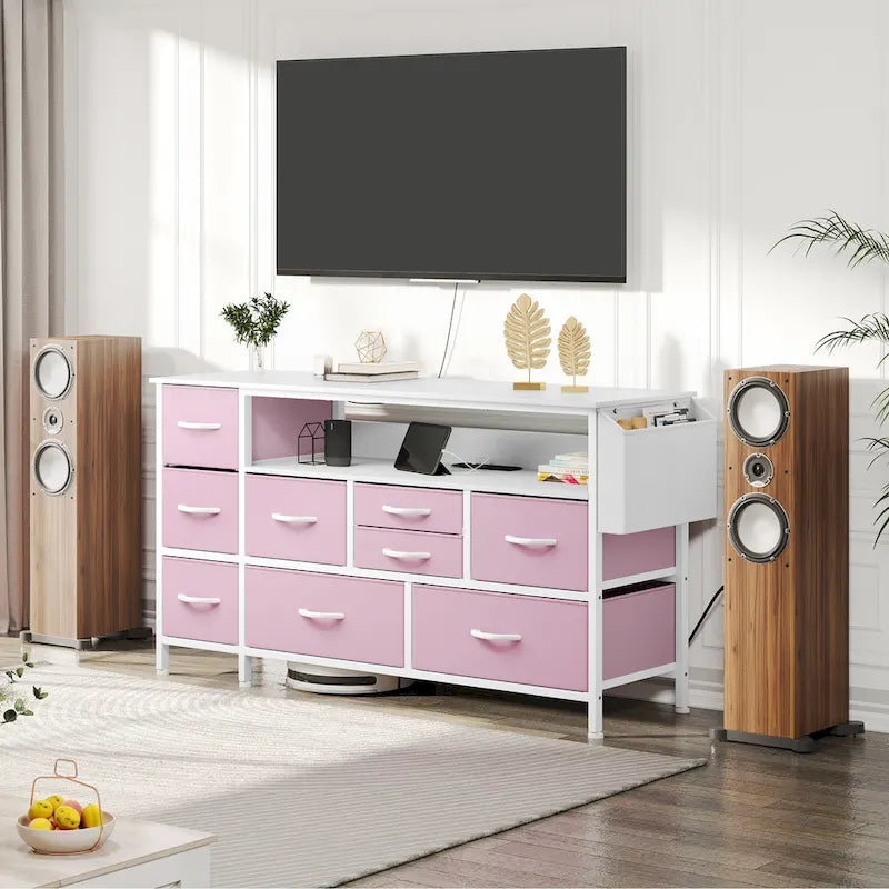 Moasis 50W 9-drawer Fabric Dresser, Media Console, TV Stand with Outlets, RGB Lights
