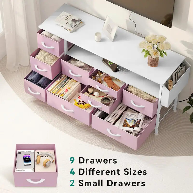 Moasis 50W 9-drawer Fabric Dresser, Media Console, TV Stand with Outlets, RGB Lights