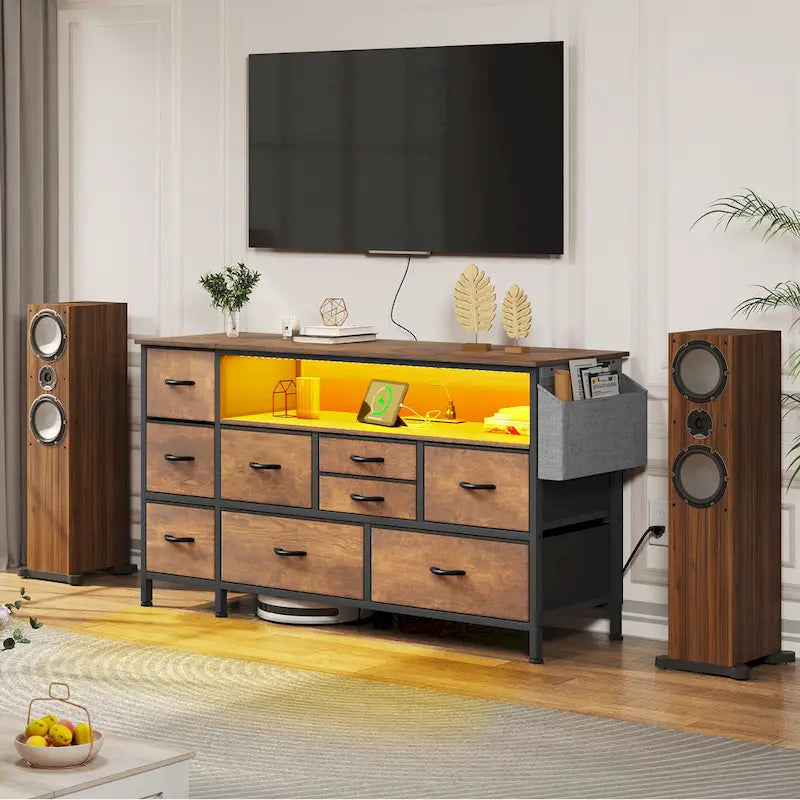 Moasis 50W 9-drawer Fabric Dresser, Media Console, TV Stand with Outlets, RGB Lights
