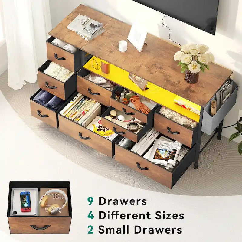 Moasis 50W 9-drawer Fabric Dresser, Media Console, TV Stand with Outlets, RGB Lights