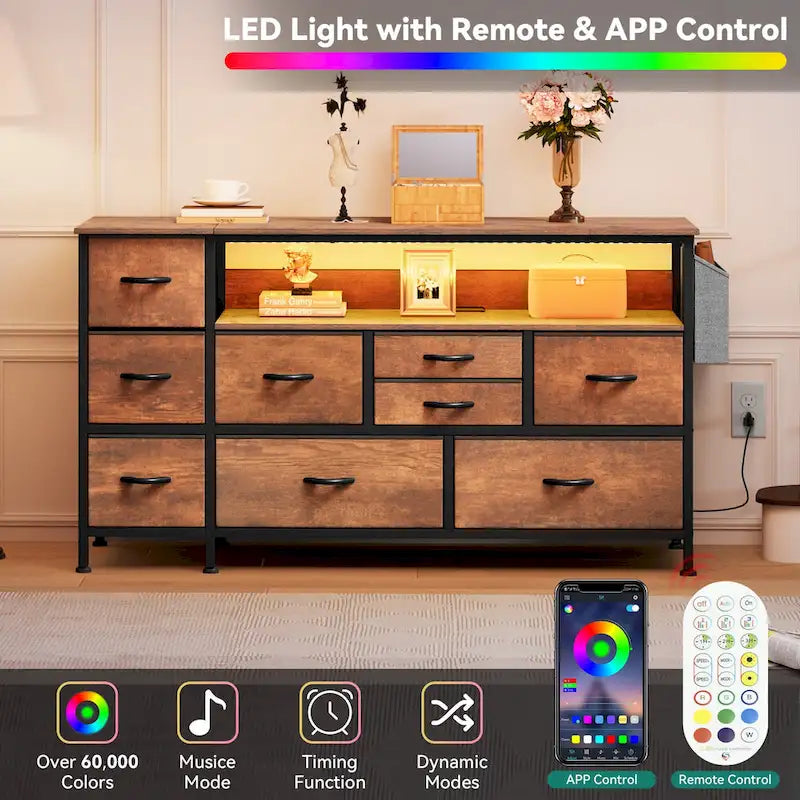 Moasis 50W 9-drawer Fabric Dresser, Media Console, TV Stand with Outlets, RGB Lights
