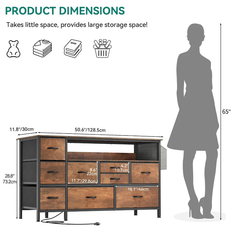 Moasis 50W 9-drawer Fabric Dresser, Media Console, TV Stand with Outlets, RGB Lights