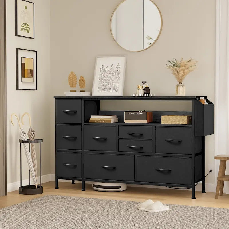 Moasis 50W 9-drawer Fabric Dresser, Media Console, TV Stand with Outlets, RGB Lights