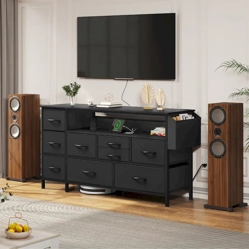 Moasis 50W 9-drawer Fabric Dresser, Media Console, TV Stand with Outlets, RGB Lights