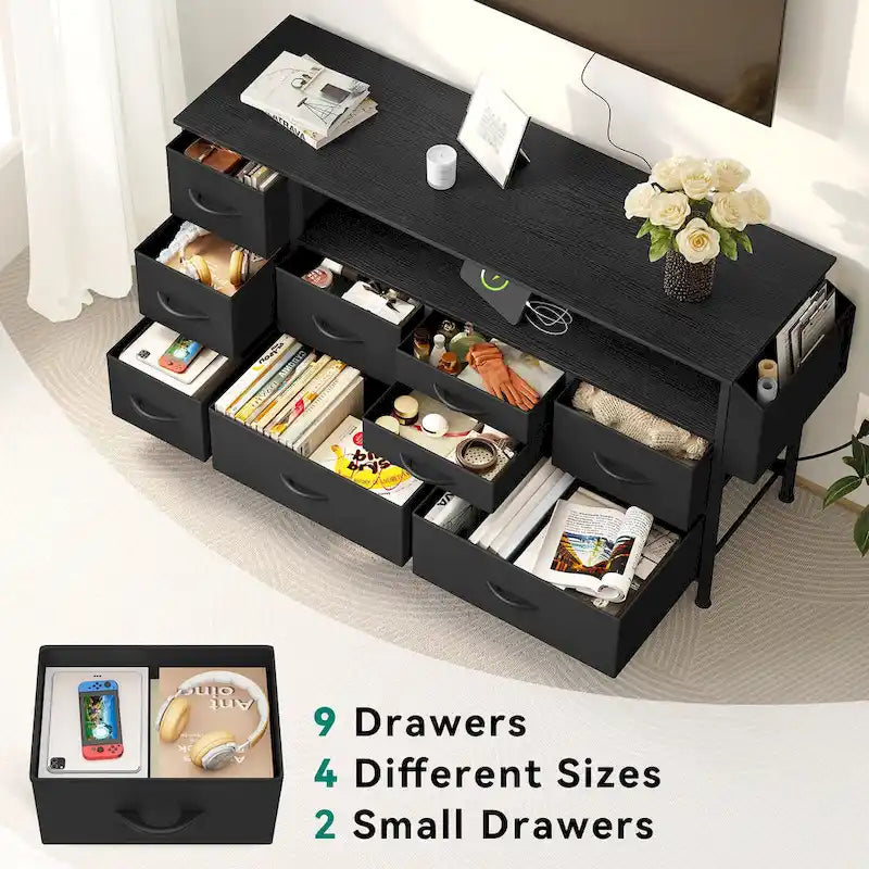 Moasis 50W 9-drawer Fabric Dresser, Media Console, TV Stand with Outlets, RGB Lights