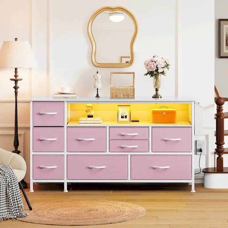 Moasis 50W 9-drawer Fabric Dresser, Media Console, TV Stand with Outlets, RGB Lights