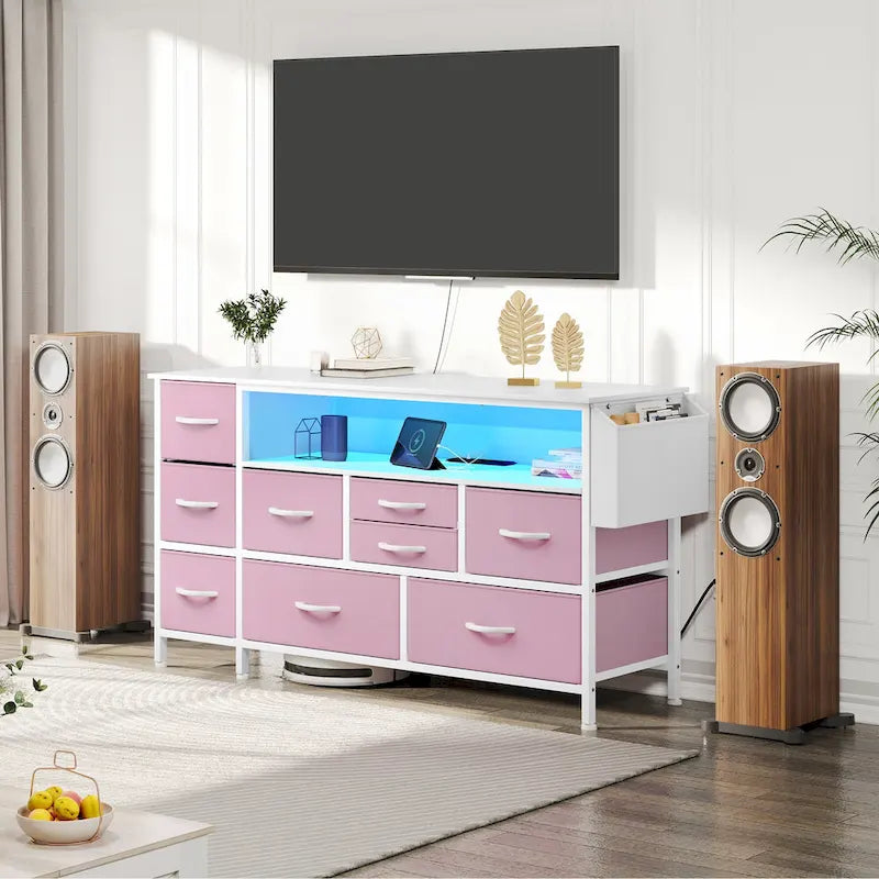 Moasis 50W 9-drawer Fabric Dresser, Media Console, TV Stand with Outlets, RGB Lights