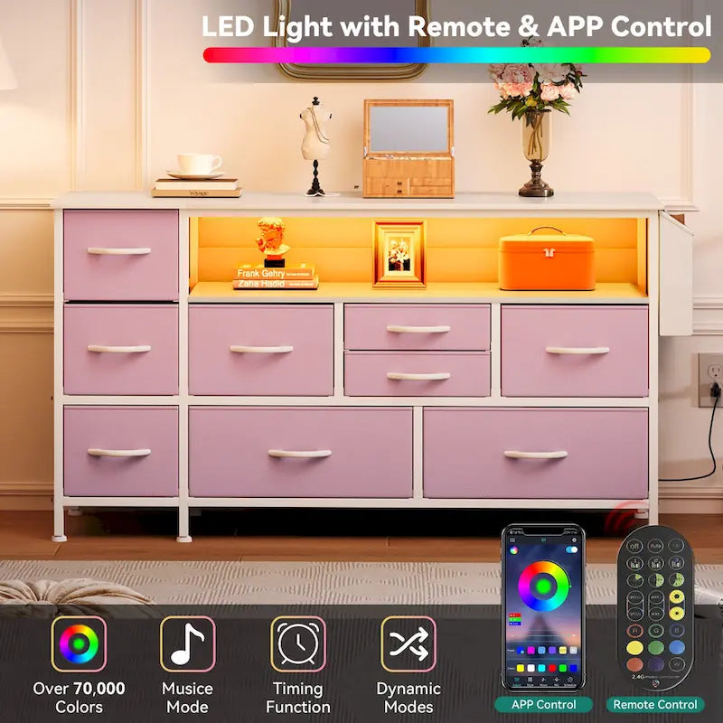 Moasis 50W 9-drawer Fabric Dresser, Media Console, TV Stand with Outlets, RGB Lights