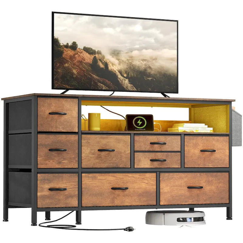 Moasis 50W 9-drawer Fabric Dresser, Media Console, TV Stand with Outlets, RGB Lights