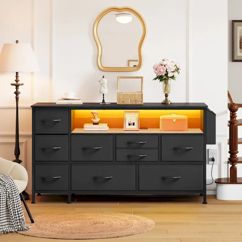 Moasis 50W 9-drawer Fabric Dresser, Media Console, TV Stand with Outlets, RGB Lights