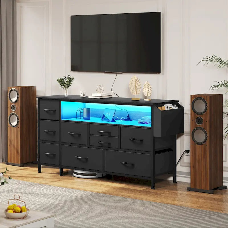 Moasis 50W 9-drawer Fabric Dresser, Media Console, TV Stand with Outlets, RGB Lights