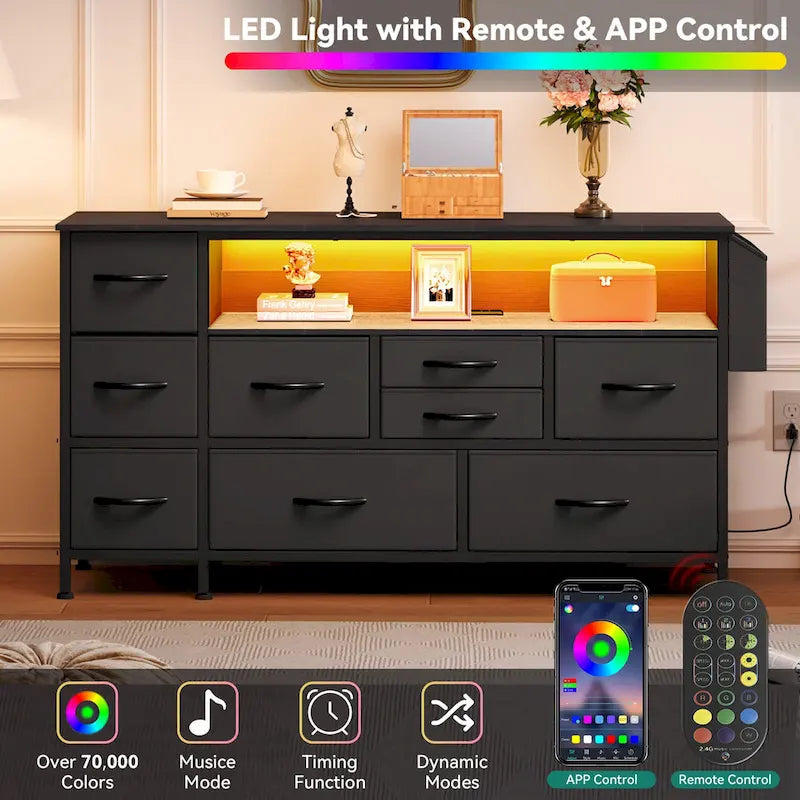Moasis 50W 9-drawer Fabric Dresser, Media Console, TV Stand with Outlets, RGB Lights