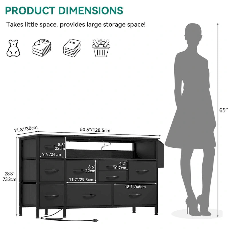 Moasis 50W 9-drawer Fabric Dresser, Media Console, TV Stand with Outlets, RGB Lights