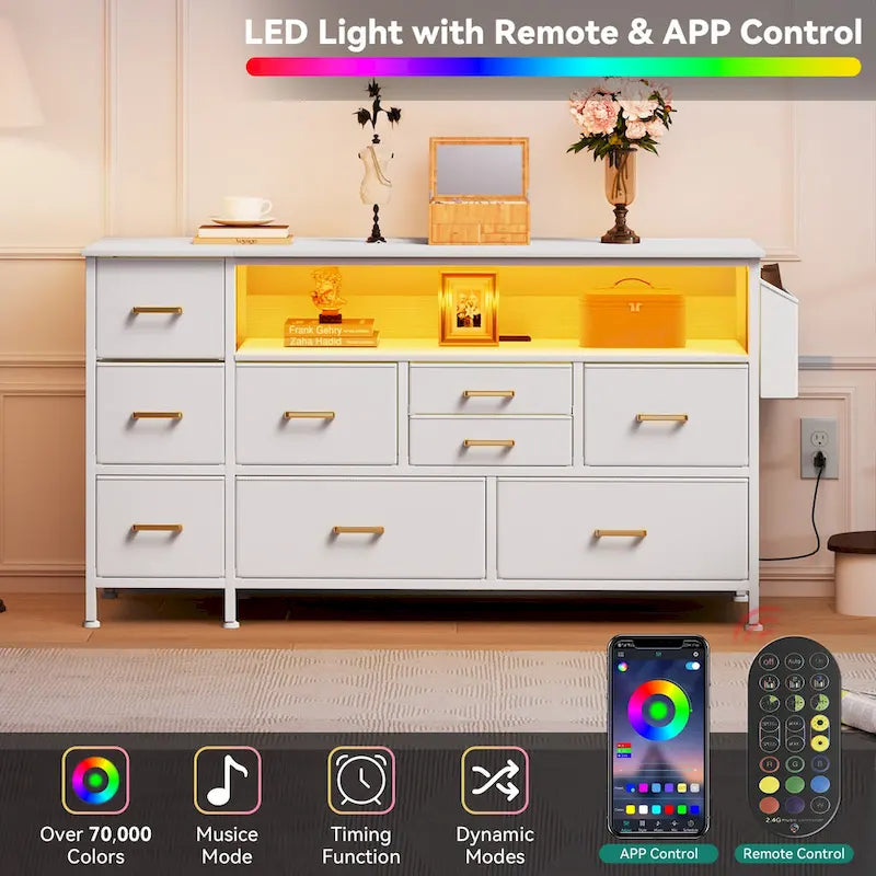 Moasis 50W 9-drawer Fabric Dresser, Media Console, TV Stand with Outlets, RGB Lights