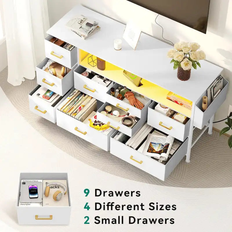 Moasis 50W 9-drawer Fabric Dresser, Media Console, TV Stand with Outlets, RGB Lights