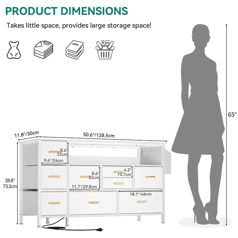 Moasis 50W 9-drawer Fabric Dresser, Media Console, TV Stand with Outlets, RGB Lights