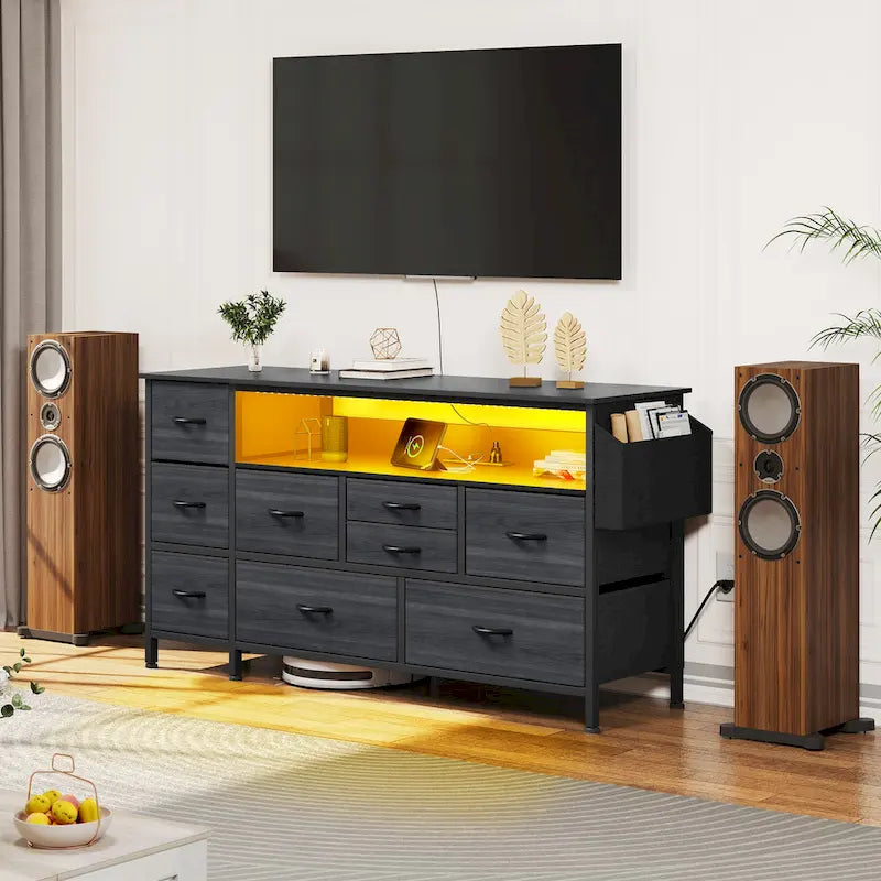 Moasis 50W 9-drawer Fabric Dresser, Media Console, TV Stand with Outlets, RGB Lights