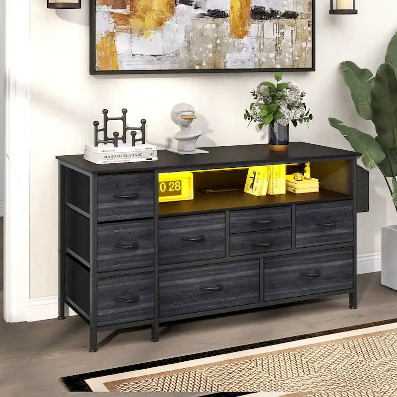 Moasis 50W 9-drawer Fabric Dresser, Media Console, TV Stand with Outlets, RGB Lights