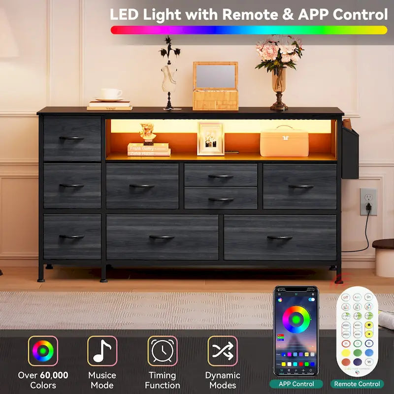 Moasis 50W 9-drawer Fabric Dresser, Media Console, TV Stand with Outlets, RGB Lights