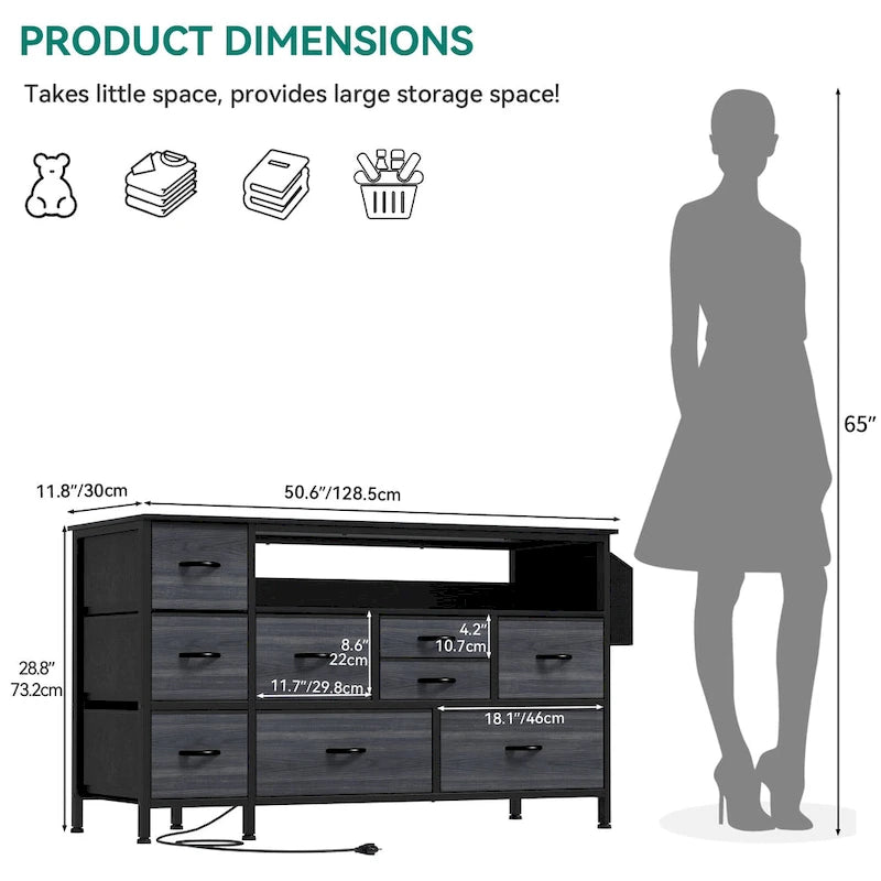 Moasis 50W 9-drawer Fabric Dresser, Media Console, TV Stand with Outlets, RGB Lights