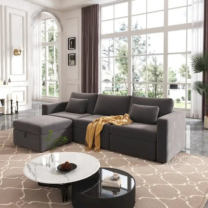 Modern Cotton Linen L-Shape Sectional Sofa, Oversized Upholstery Sectional Sofa, Chaise Couch with Storage Ottomans for Living R