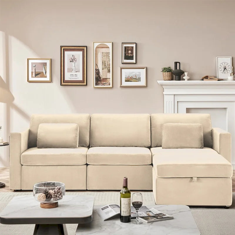 Modern Cotton Linen L-Shape Sectional Sofa, Oversized Upholstery Sectional Sofa, Chaise Couch with Storage Ottomans for Living R