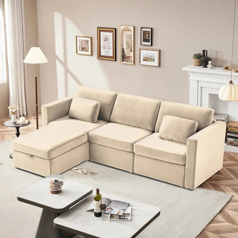 Modern Cotton Linen L-Shape Sectional Sofa, Oversized Upholstery Sectional Sofa, Chaise Couch with Storage Ottomans for Living R