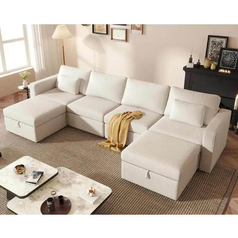 Modern Cotton Linen L-Shape Sectional Sofa, Oversized Upholstery Sectional Sofa, Chaise Couch with Storage Ottomans for Living R