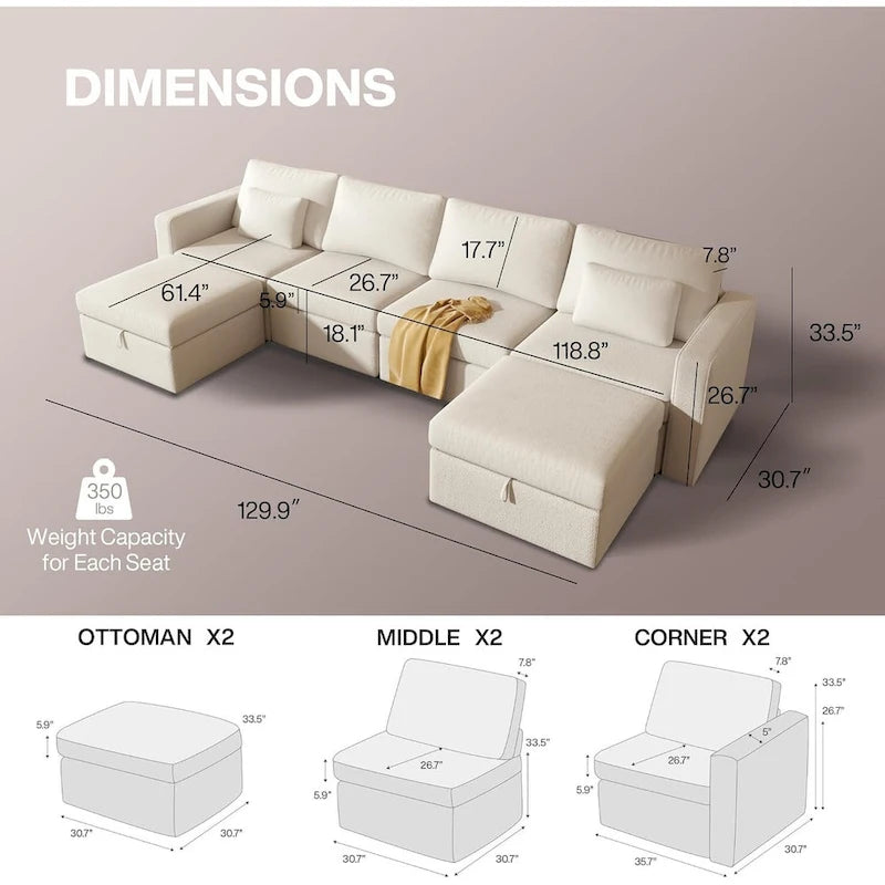 Modern Cotton Linen L-Shape Sectional Sofa, Oversized Upholstery Sectional Sofa, Chaise Couch with Storage Ottomans for Living R