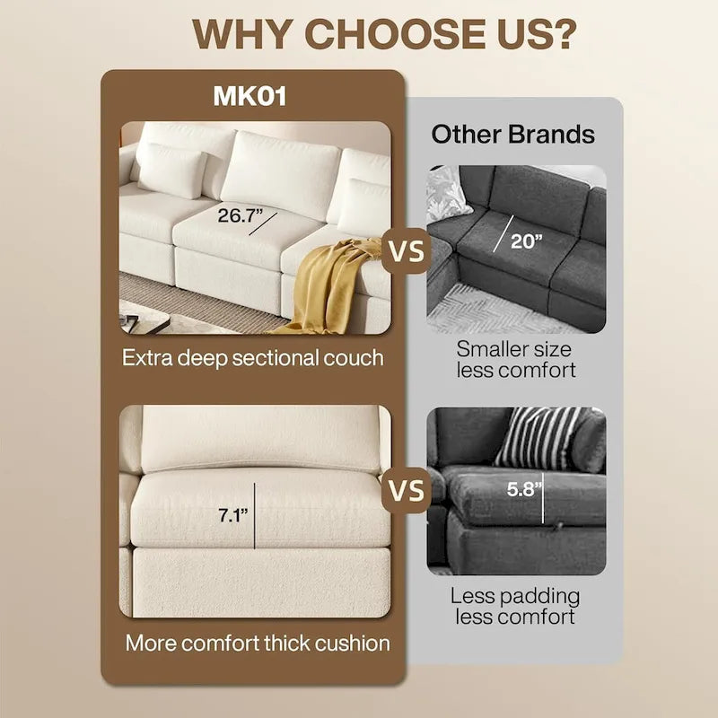 Modern Cotton Linen L-Shape Sectional Sofa, Oversized Upholstery Sectional Sofa, Chaise Couch with Storage Ottomans for Living R
