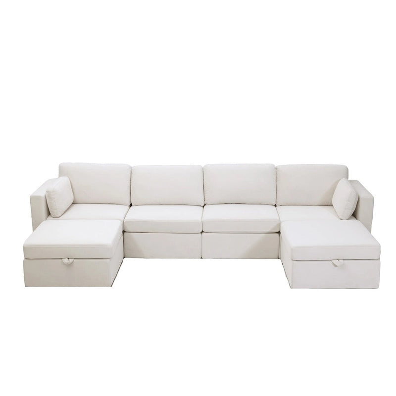 Modern Cotton Linen L-Shape Sectional Sofa, Oversized Upholstery Sectional Sofa, Chaise Couch with Storage Ottomans for Living R