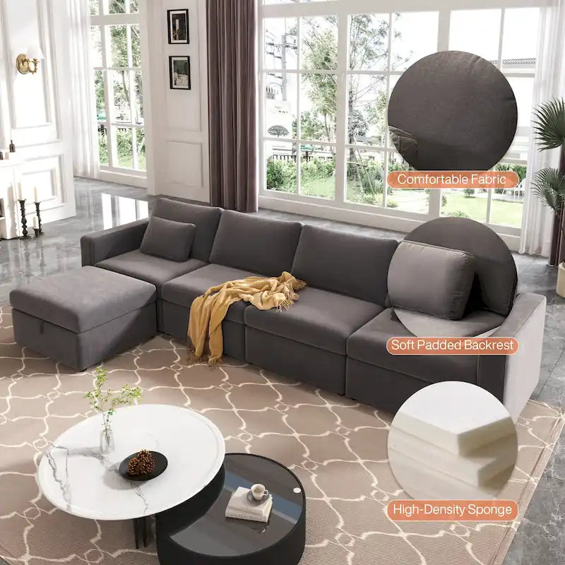 Modern Cotton Linen L-Shape Sectional Sofa, Oversized Upholstery Sectional Sofa, Chaise Couch with Storage Ottomans for Living R