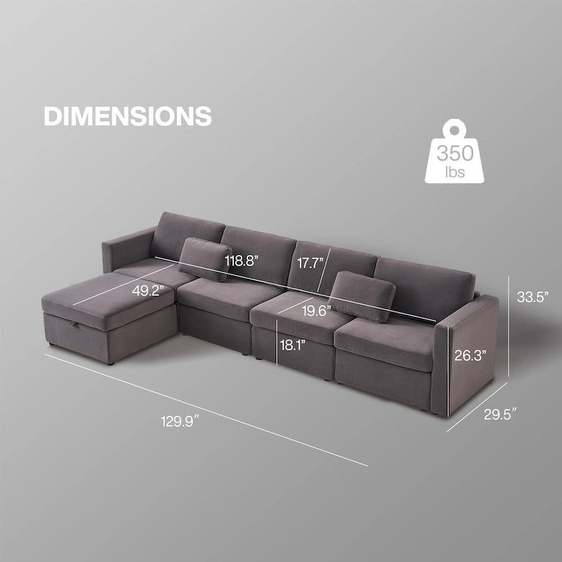 Modern Cotton Linen L-Shape Sectional Sofa, Oversized Upholstery Sectional Sofa, Chaise Couch with Storage Ottomans for Living R