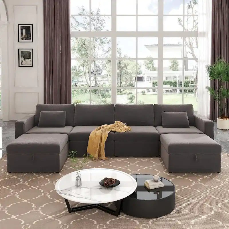Modern Cotton Linen L-Shape Sectional Sofa, Oversized Upholstery Sectional Sofa, Chaise Couch with Storage Ottomans for Living R