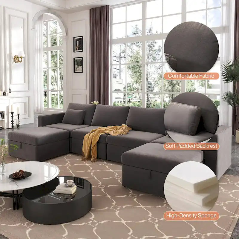 Modern Cotton Linen L-Shape Sectional Sofa, Oversized Upholstery Sectional Sofa, Chaise Couch with Storage Ottomans for Living R