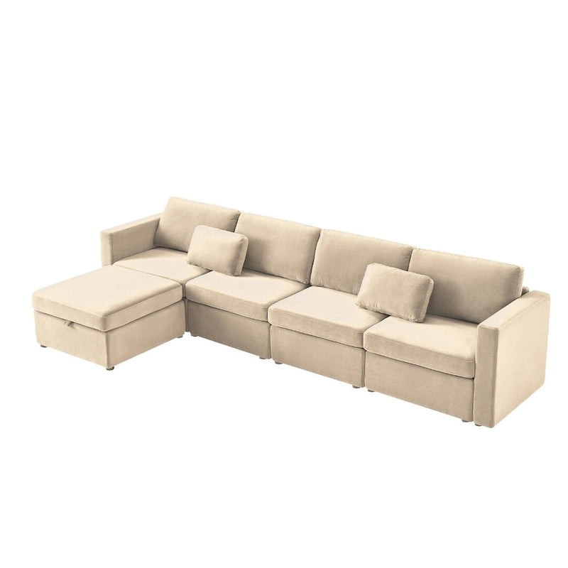 Modern Cotton Linen L-Shape Sectional Sofa, Oversized Upholstery Sectional Sofa, Chaise Couch with Storage Ottomans for Living R