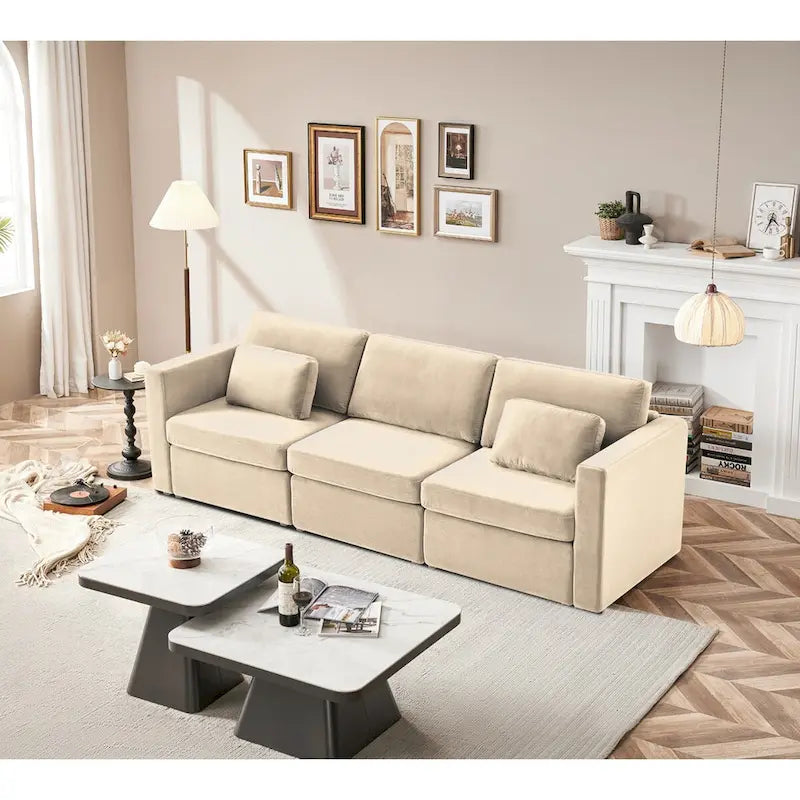 Modern Cotton Linen L-Shape Sectional Sofa, Oversized Upholstery Sectional Sofa, Chaise Couch with Storage Ottomans for Living R