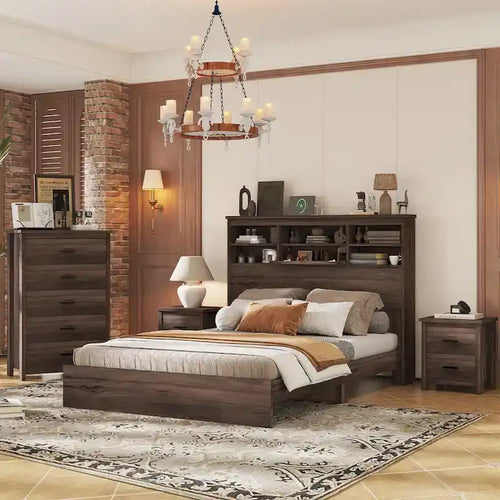 4-Pieces Bedroom Sets Queen Size Wooden Bed Frame with 2 Nightstands and 1 Dresser,Dark Walnut