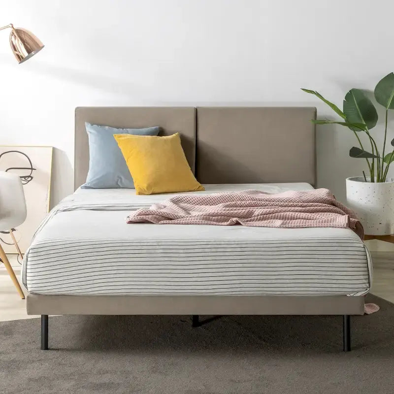 Priage by ZINUS Latte Velvet Upholstered Platform Bed Frame with Split Headboard