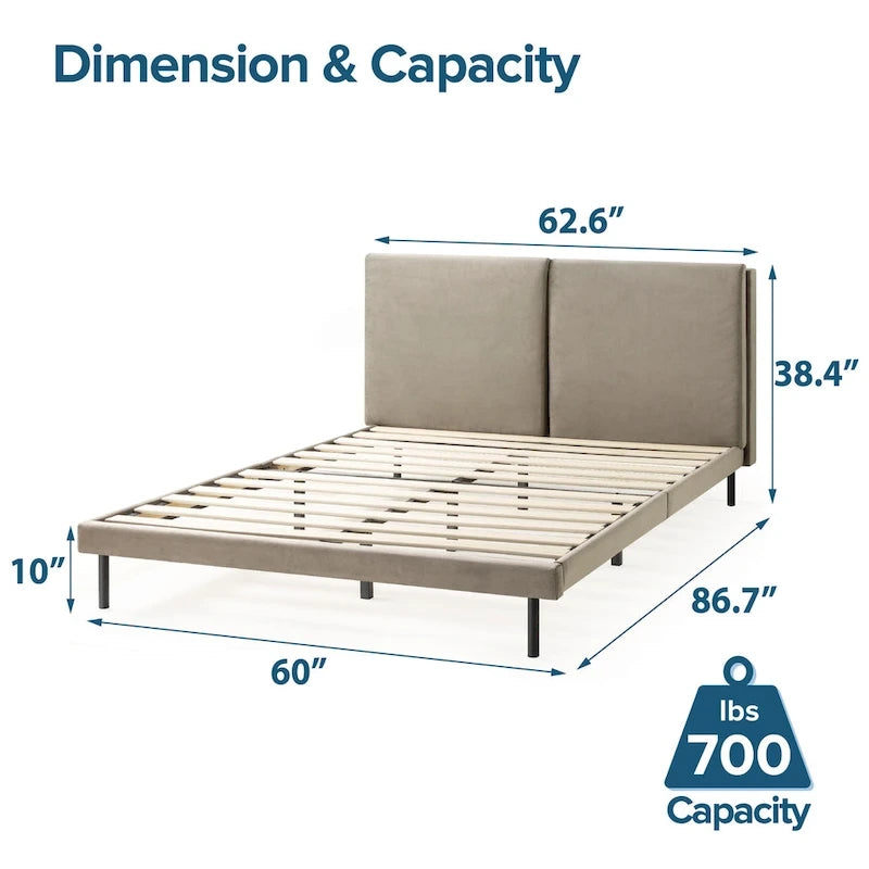 Priage by ZINUS Latte Velvet Upholstered Platform Bed Frame with Split Headboard