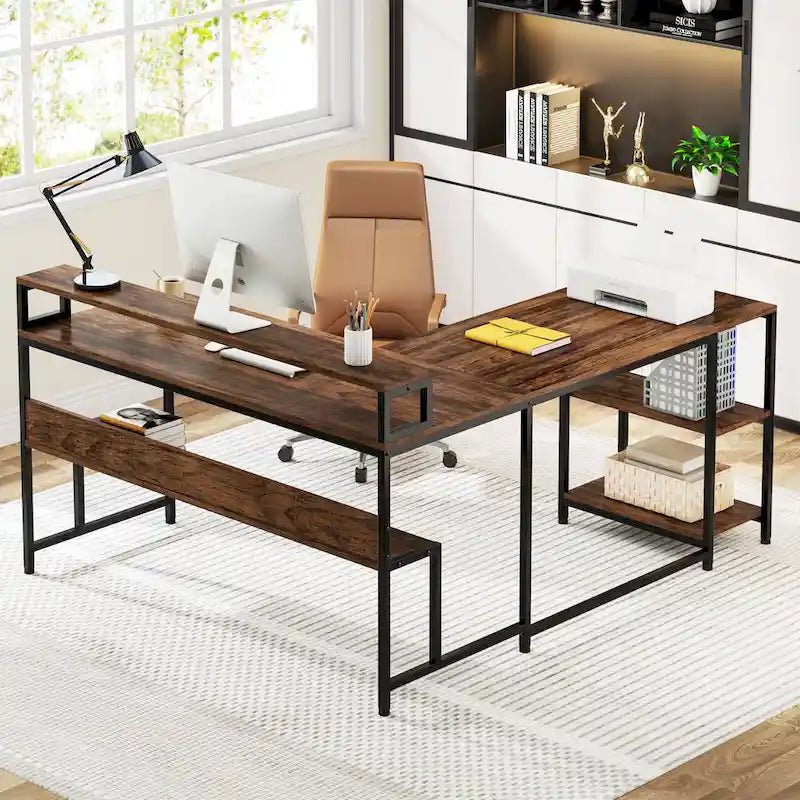 59 Corner L Shaped Desk with Monitor Stand and Storage Shelf,Reversible Large Workstation Desk Furniture for Home Office