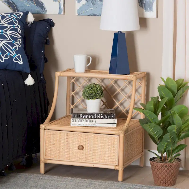 Lalo Modern Bohemian Natural Brown Rattan 1-Drawer Nightstand