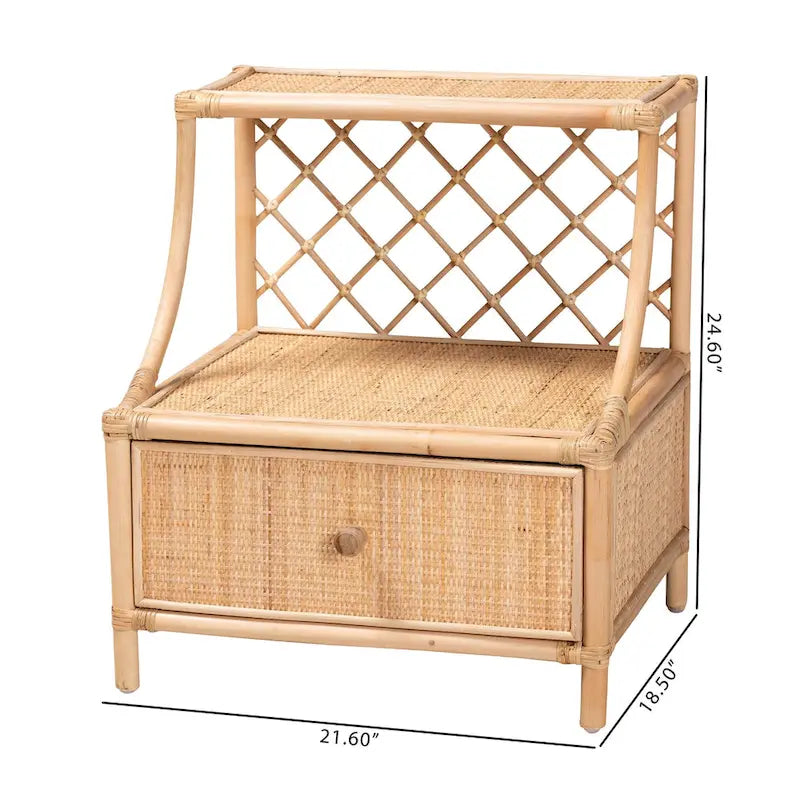 Lalo Modern Bohemian Natural Brown Rattan 1-Drawer Nightstand