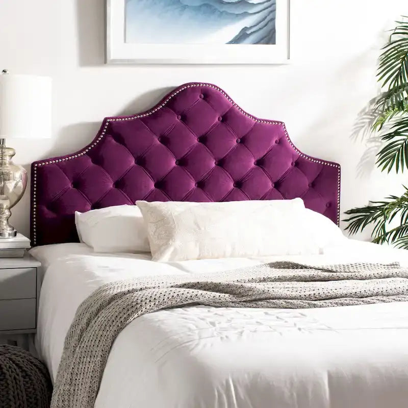 SAFAVIEH Rayna Grey Upholstered Tufted Headboard - Silver Nailhead (Full)