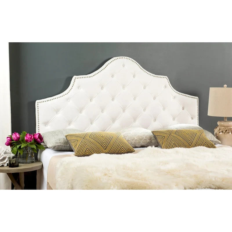 SAFAVIEH Rayna Grey Upholstered Tufted Headboard - Silver Nailhead (Full)