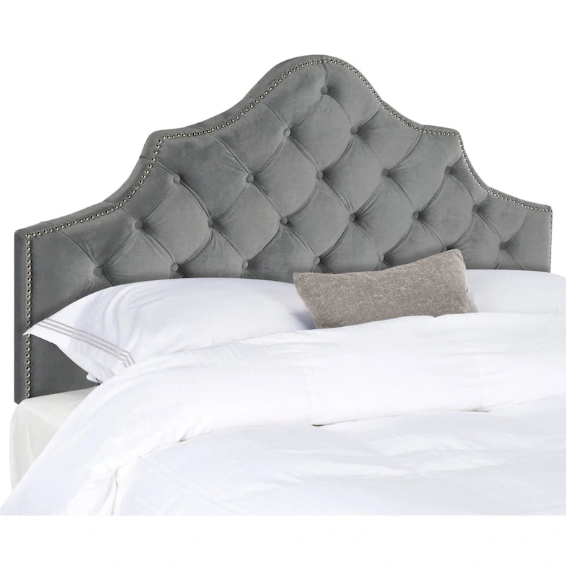 SAFAVIEH Rayna Grey Upholstered Tufted Headboard - Silver Nailhead (Full)